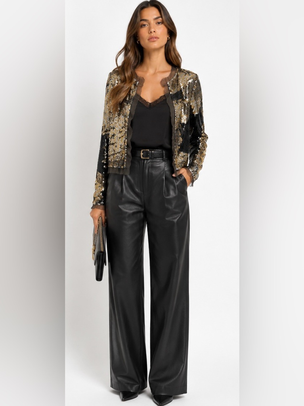 Vintage BCBG Max Azria Runway Collection Gold Black Sequin Open Front Jacket